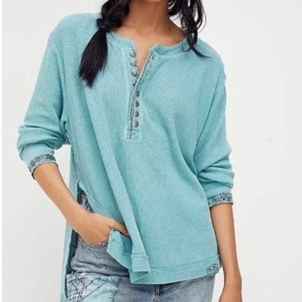We The Free Free People Teal Waffle Knit Bandana Patch Henley Thermal Top M